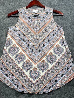 J Jill Top Women XS Petite Sleeveless V Neck Tank Curved Swing Hem Cotton Print